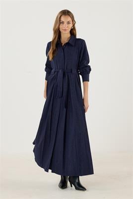 Köprü Detaylı Çizgili Elbise Lacivert