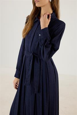 Köprü Detaylı Çizgili Elbise Lacivert