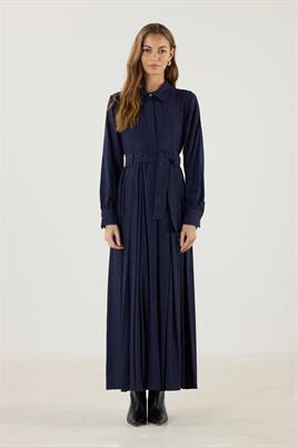 Köprü Detaylı Çizgili Elbise Lacivert