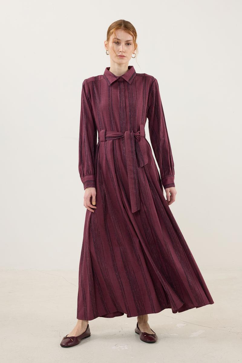 Köprü Detaylı Çizgili Elbise Mürdüm