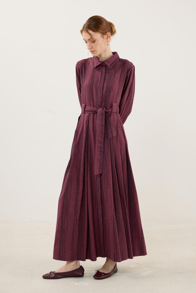 Köprü Detaylı Çizgili Elbise Mürdüm