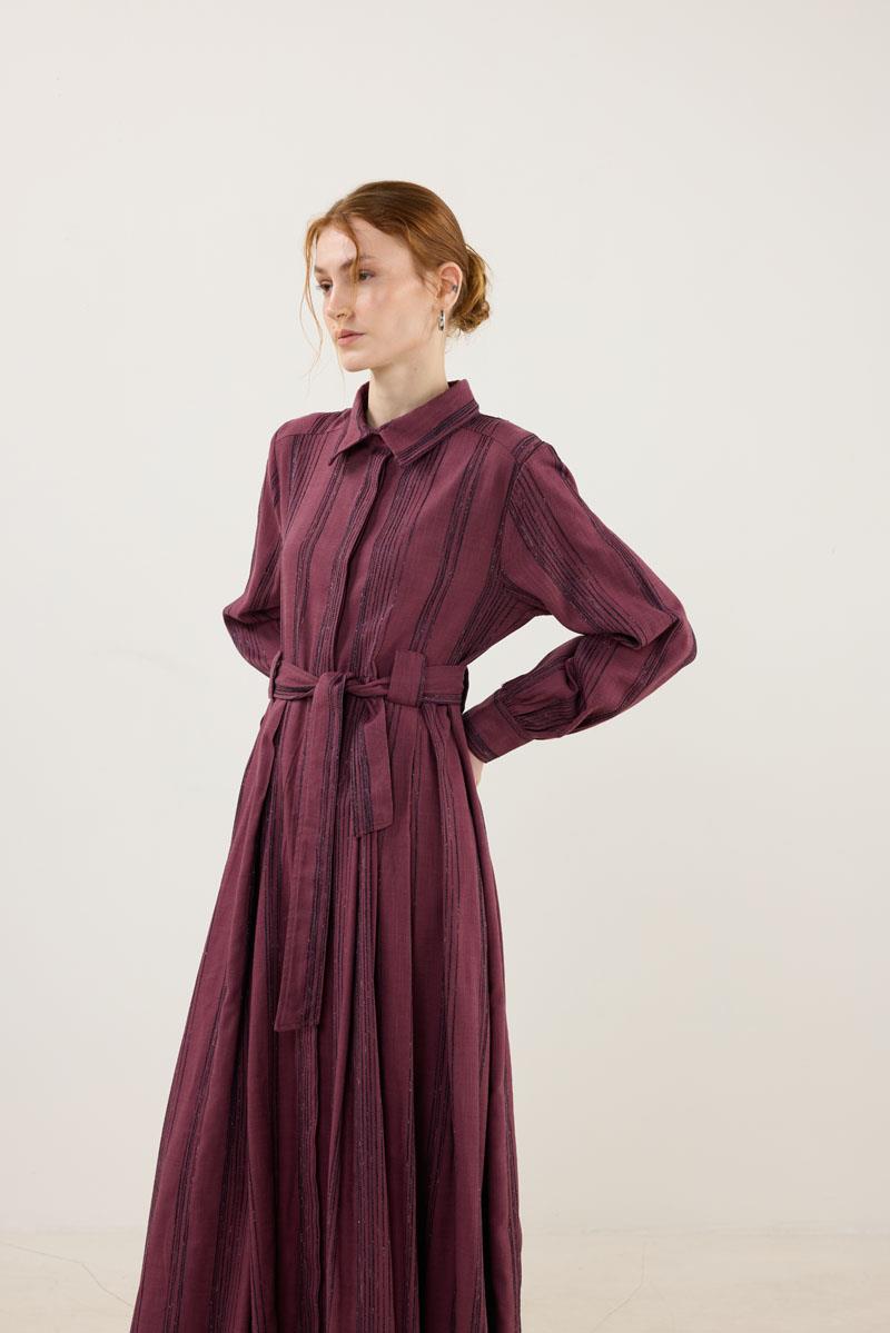 Köprü Detaylı Çizgili Elbise Mürdüm