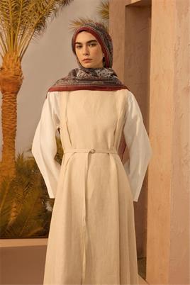 Krem %100 Keten Jile, Ekru Bluz, Etnik Şal Kombin