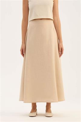 Krem Tek Cepli %100 Keten Gömlek, Kloş Etek Takım