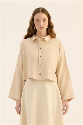 Krem Tek Cepli %100 Keten Gömlek, Kloş Etek Takım