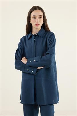 Lacivert %100 Keten Parçalı Gömlek, Flare Pantolon Takım