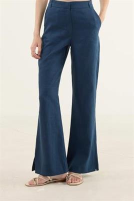 Lacivert %100 Keten Parçalı Gömlek, Flare Pantolon Takım