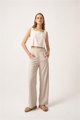 Lastikli Keten Pantolon Taş