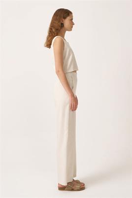 Lastikli Keten Pantolon Ekru