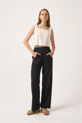 Lastikli Keten Pantolon Siyah