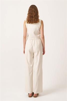Lastikli Keten Pantolon Ekru
