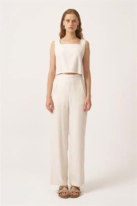 Lastikli Keten Pantolon Ekru