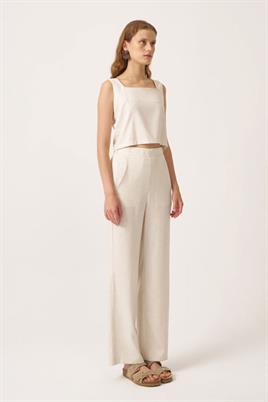 Lastikli Keten Pantolon Ekru