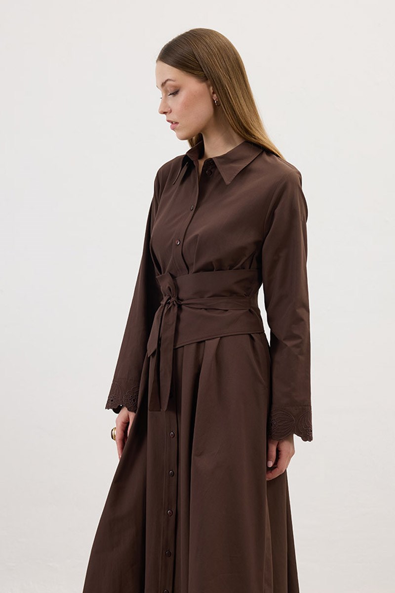 Manşeti Nakışlı Elbise Acı kahve