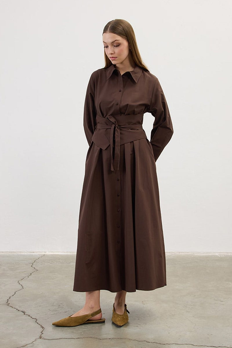 Manşeti Nakışlı Elbise Acı kahve