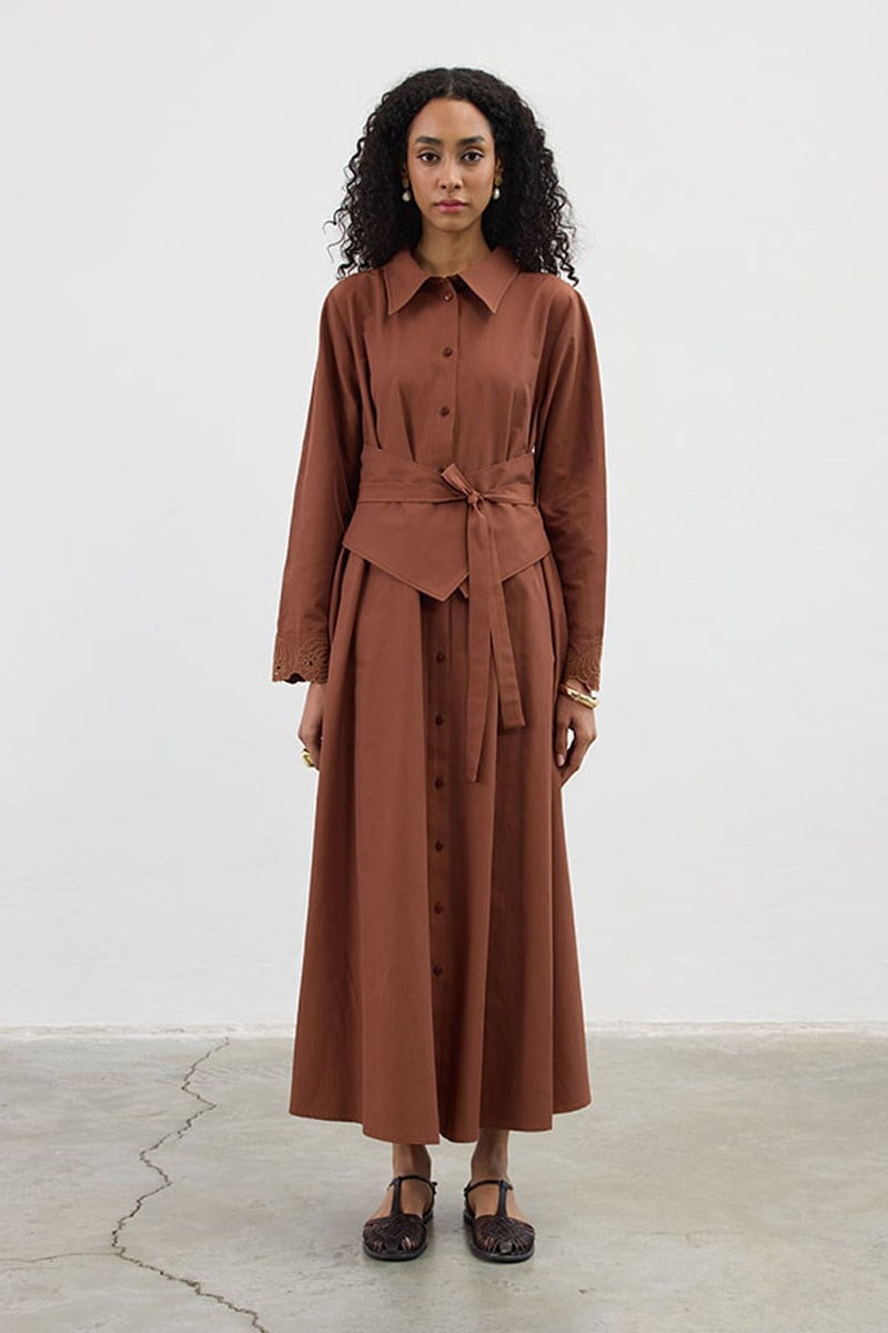 Manşeti Nakışlı Elbise Kiremit