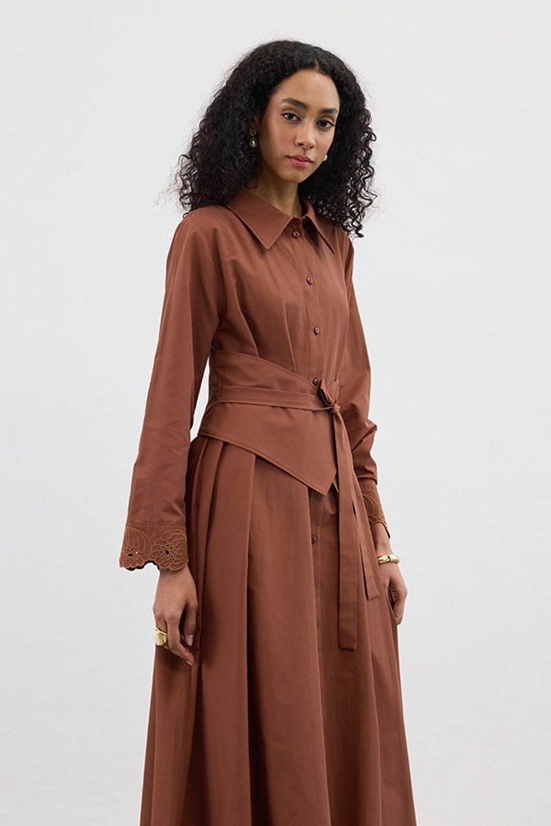 Manşeti Nakışlı Elbise Kiremit