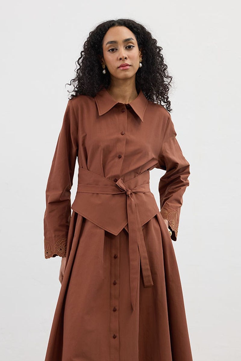 Manşeti Nakışlı Elbise Kiremit