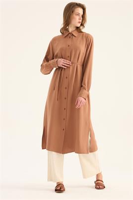 Manşeti Nervürlü Tunik Kahverengi