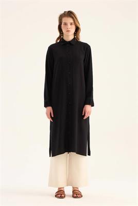 Manşeti Nervürlü Tunik Siyah