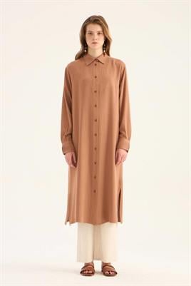 Manşeti Nervürlü Tunik Kahverengi