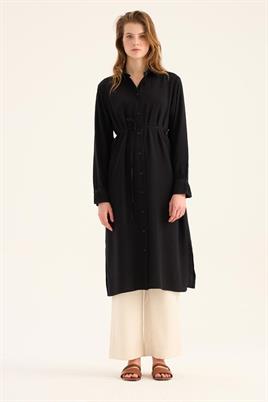 Manşeti Nervürlü Tunik Siyah