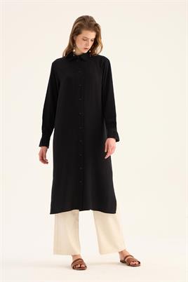 Manşeti Nervürlü Tunik Siyah