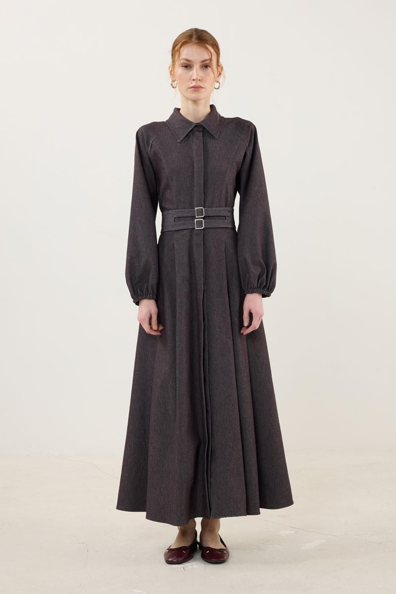 Metal Tokalı Kot Elbise Kahverengi