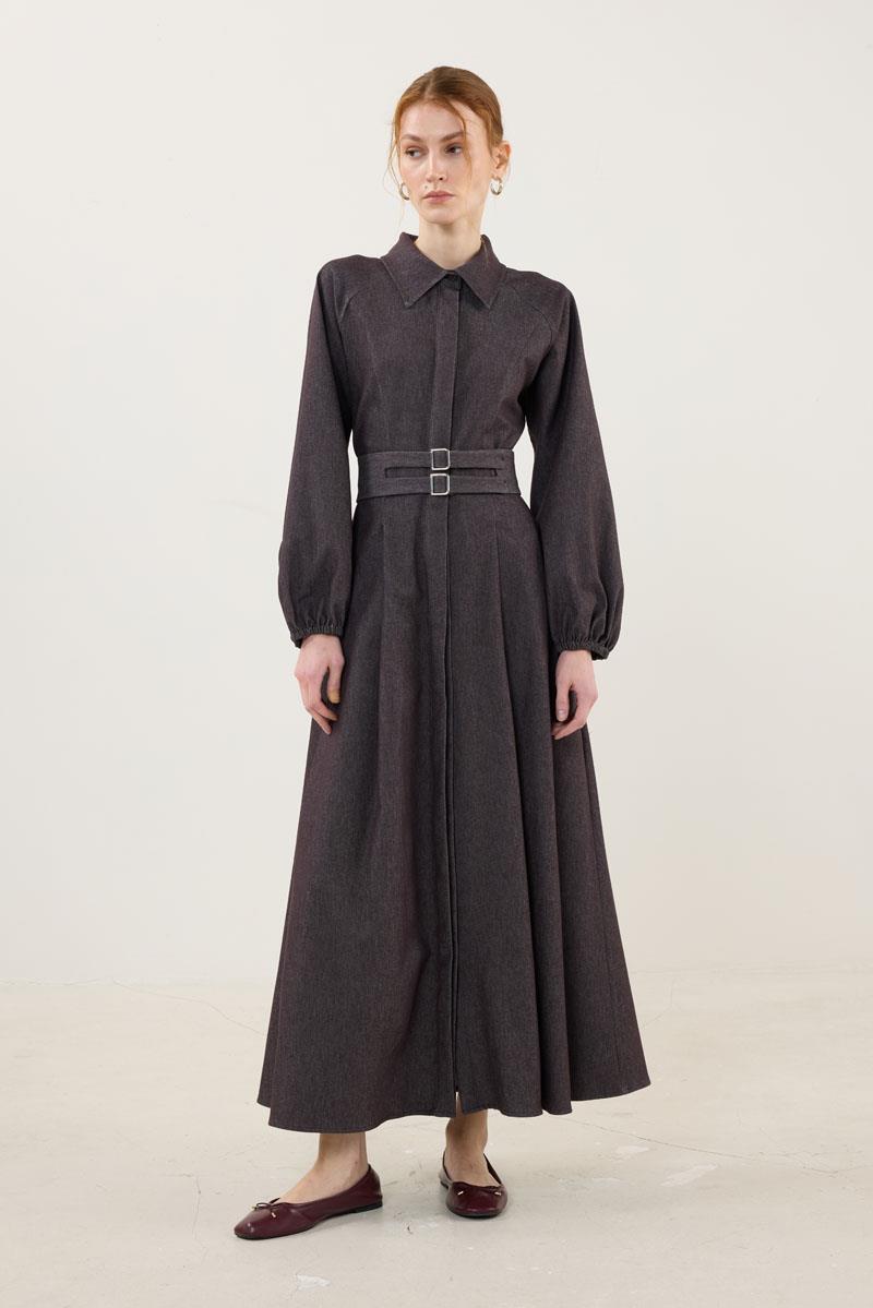 Metal Tokalı Kot Elbise Kahverengi