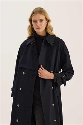 Metal Tokalı Trençkot Lacivert