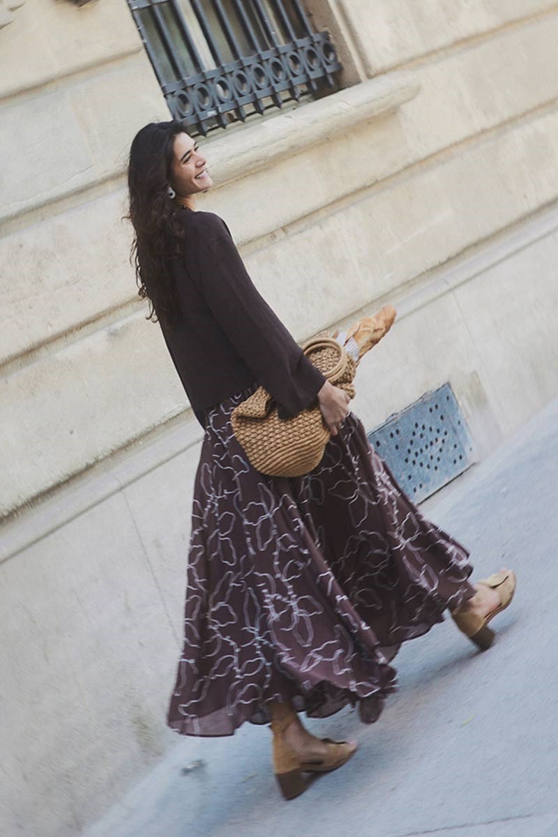 Nakışlı Godeli Etek Acı kahve