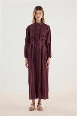 Nakışlı Müslin Elbise Acı kahve