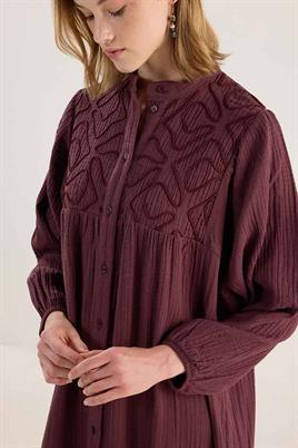 Nakışlı Müslin Elbise Acı kahve