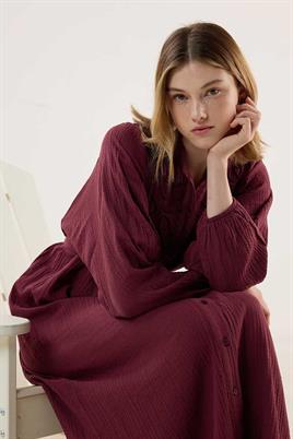 Nakışlı Müslin Elbise Bordo