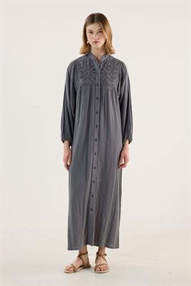 Nakışlı Müslin Elbise Füme