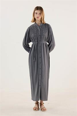 Nakışlı Müslin Elbise Füme