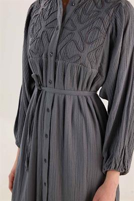 Nakışlı Müslin Elbise Füme