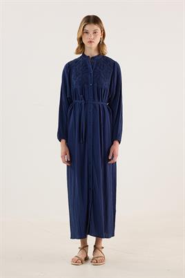 Nakışlı Müslin Elbise Lacivert