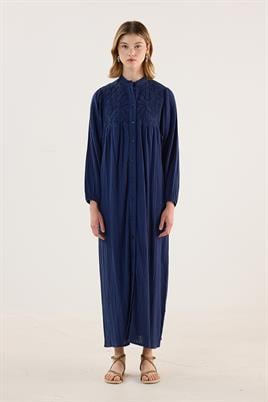 Nakışlı Müslin Elbise Lacivert