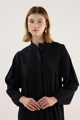 Nakışlı Müslin Elbise Siyah