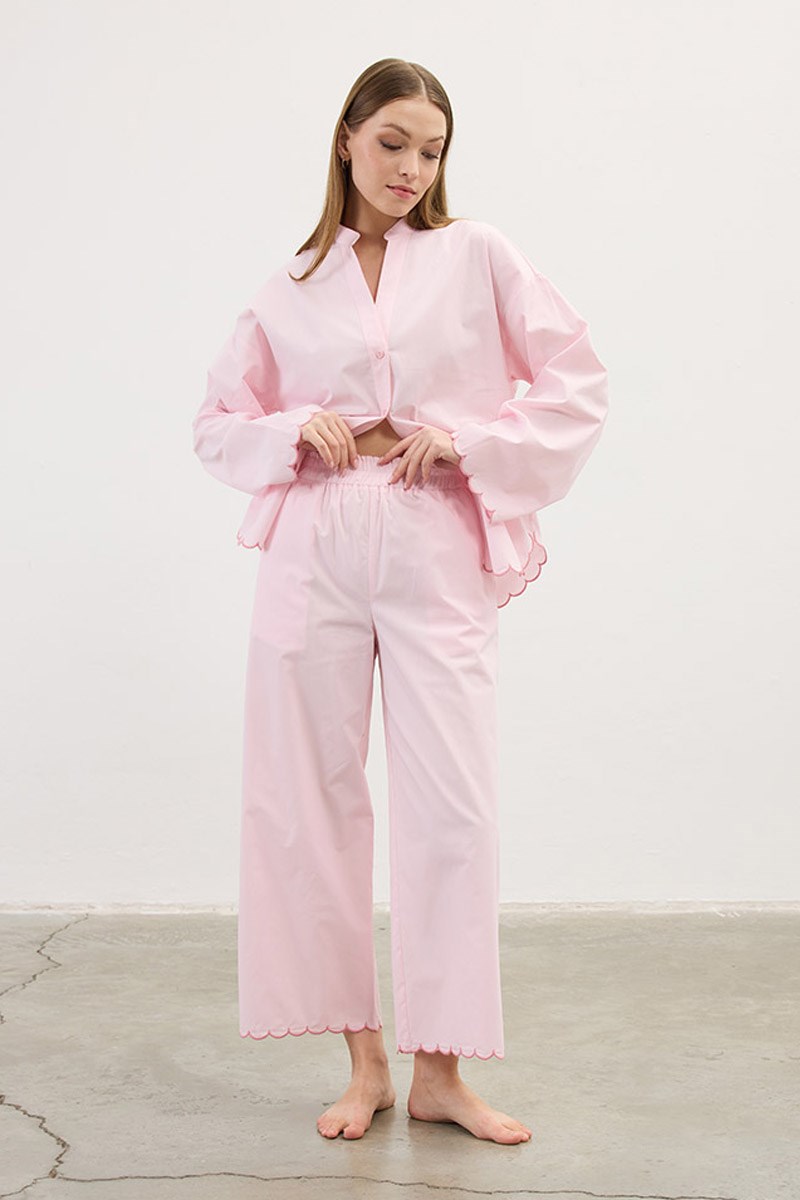 Nakışlı Pamuk Pijama Altı Pudra