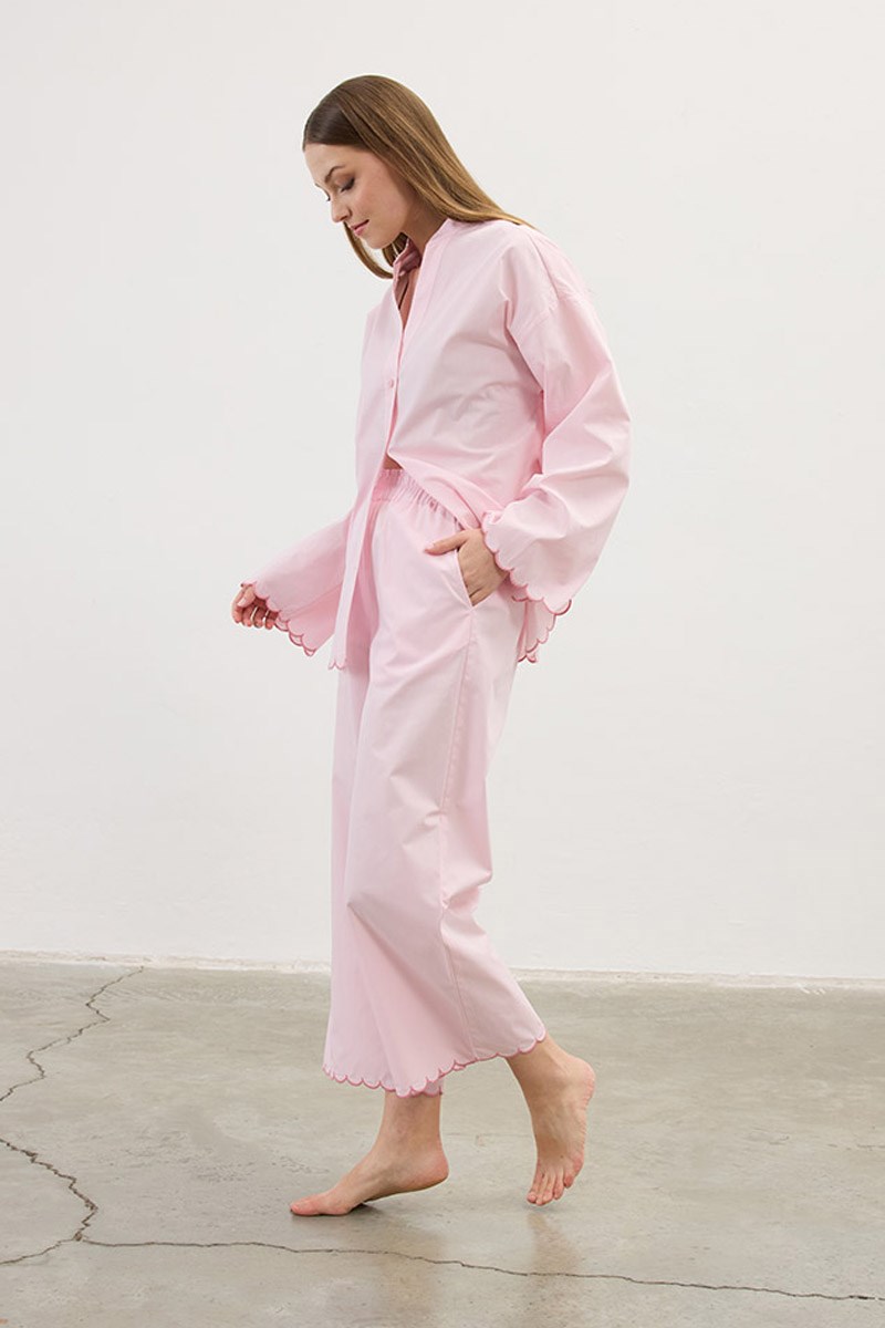 Nakışlı Pamuk Pijama Altı Pudra