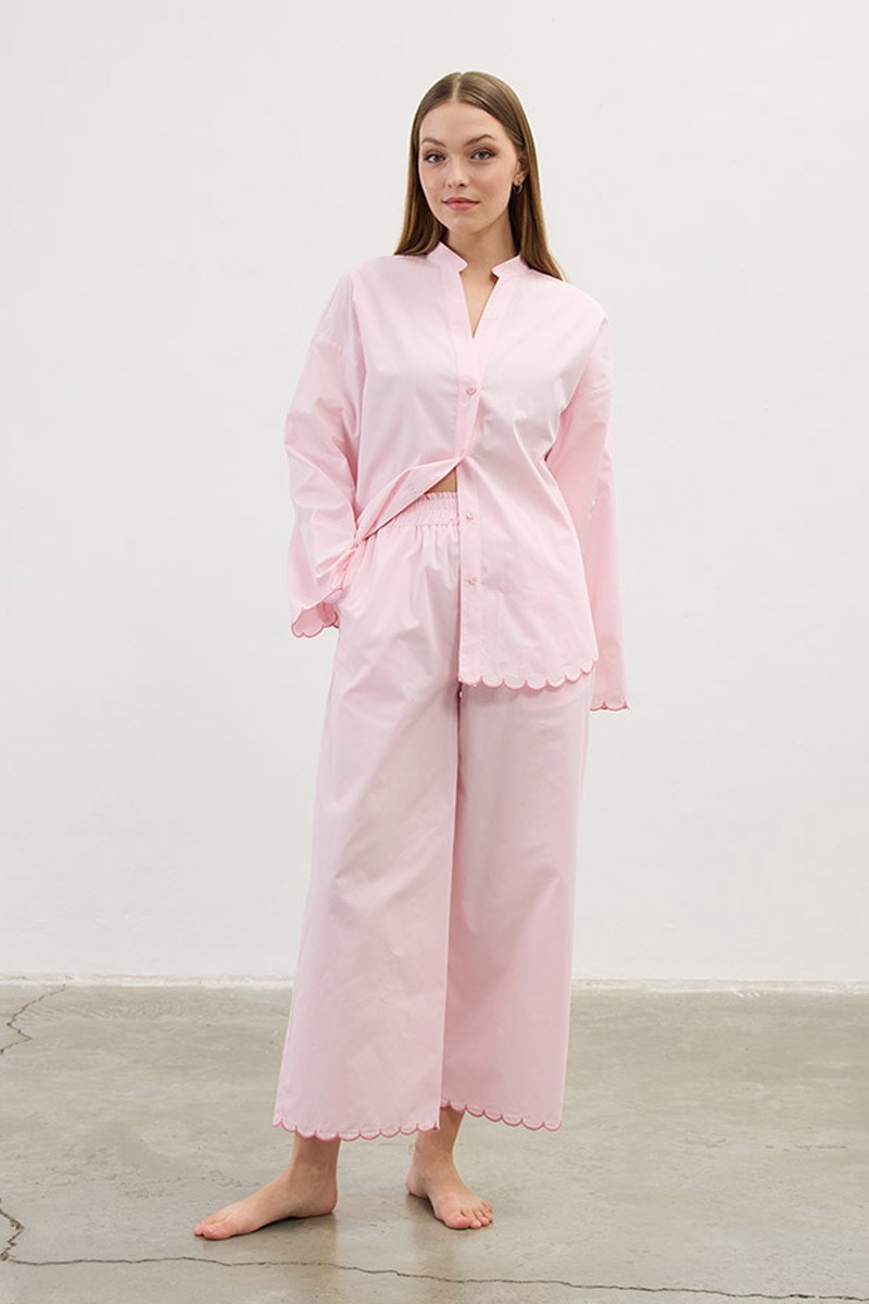 Nakışlı Pamuk Pijama Altı Pudra