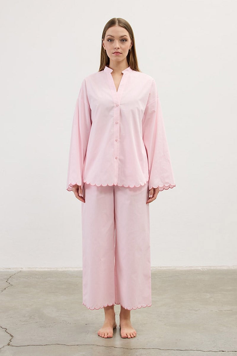 Nakışlı Pamuk Pijama Altı Pudra
