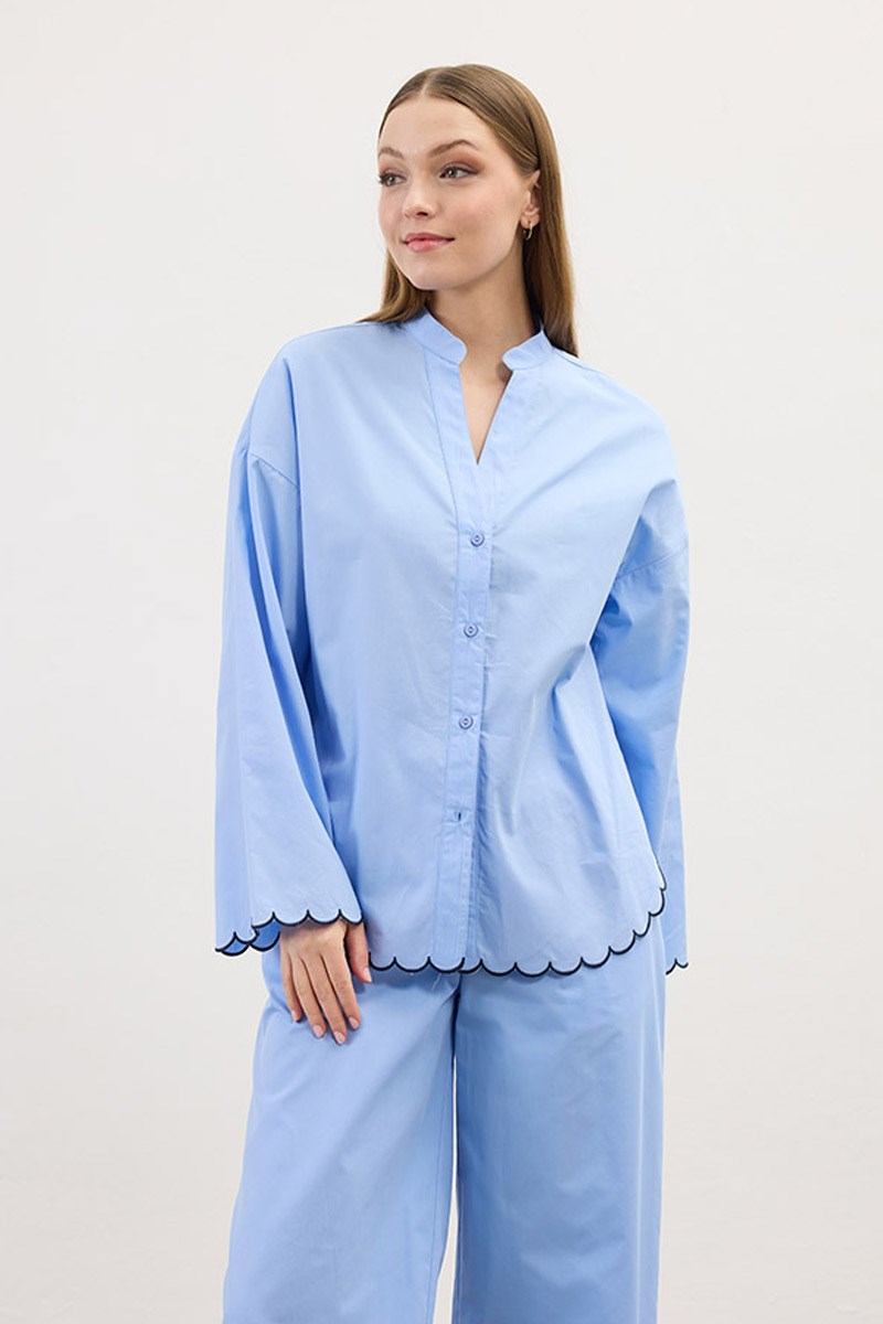 Nakışlı Pamuk Pijama Gömlek Bebek Mavisi