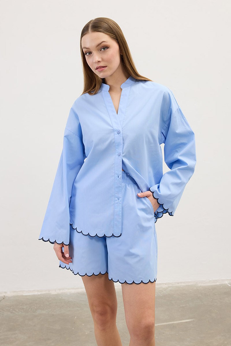Nakışlı Pamuk Pijama Gömlek Bebek Mavisi