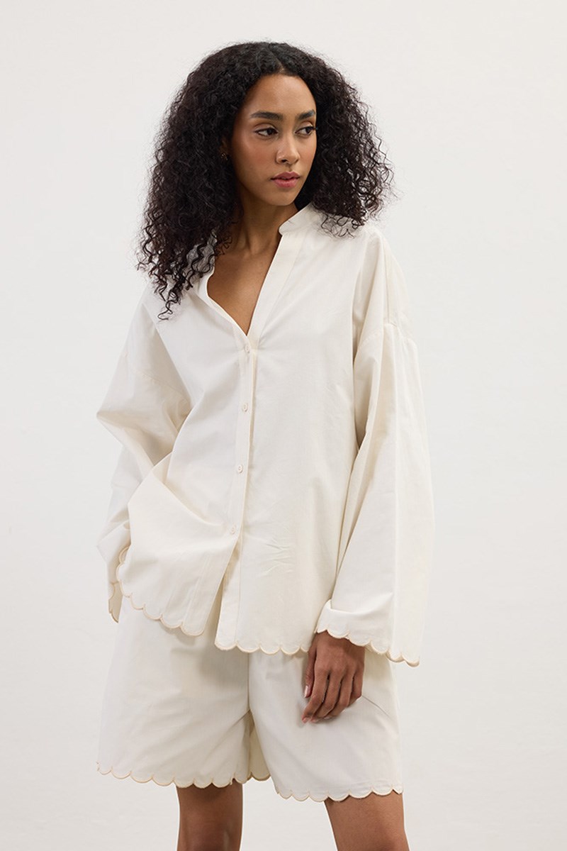 Nakışlı Pamuk Pijama Gömlek Krem