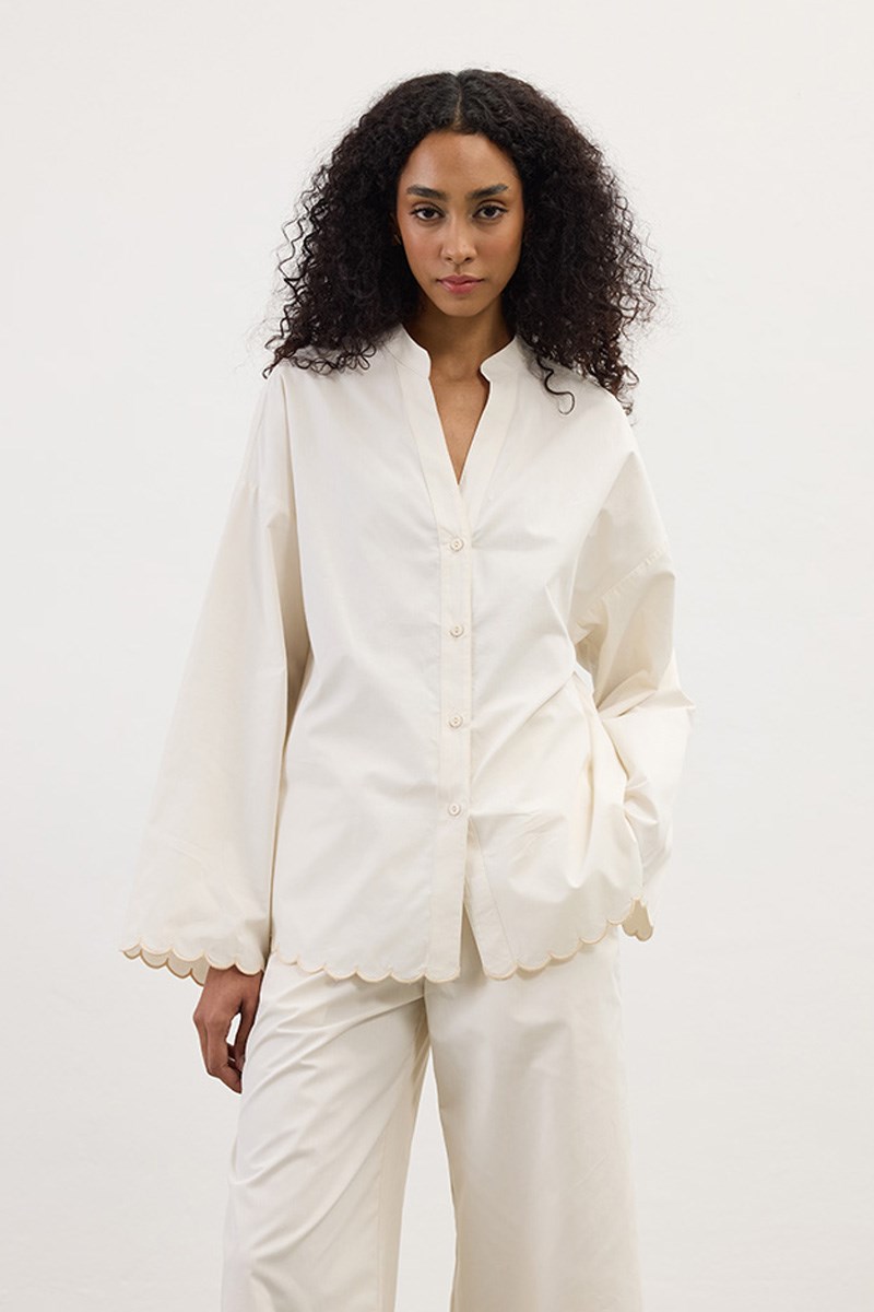 Nakışlı Pamuk Pijama Gömlek Krem