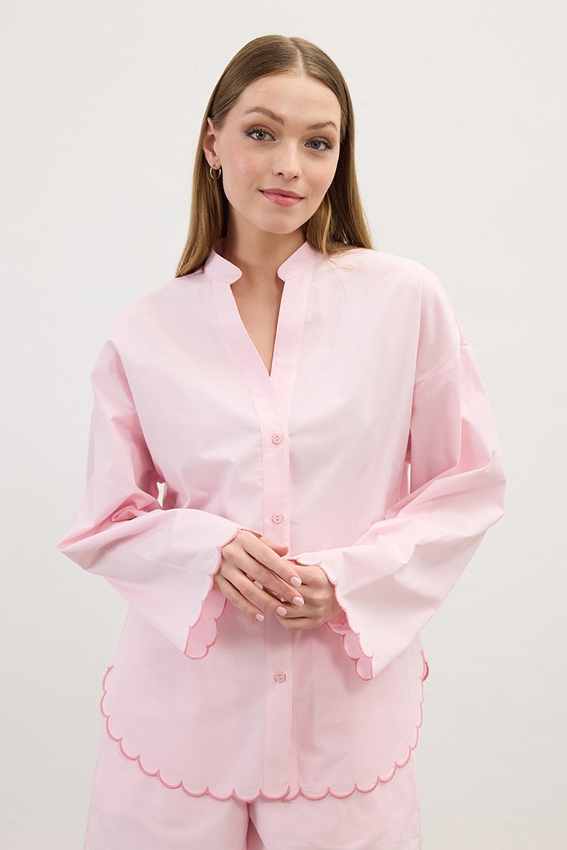 Nakışlı Pamuk Pijama Gömlek Pudra