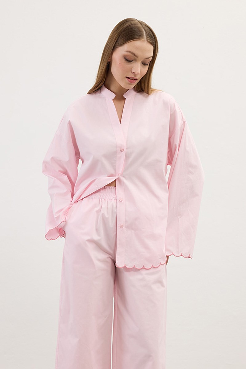 Nakışlı Pamuk Pijama Gömlek Pudra